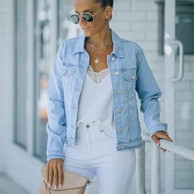 Women's Basic Button Down Stretch Fitted Long Sleeves Denim Jean Jacket