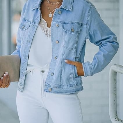 Women's Basic Button Down Stretch Fitted Long Sleeves Denim Jean Jacket