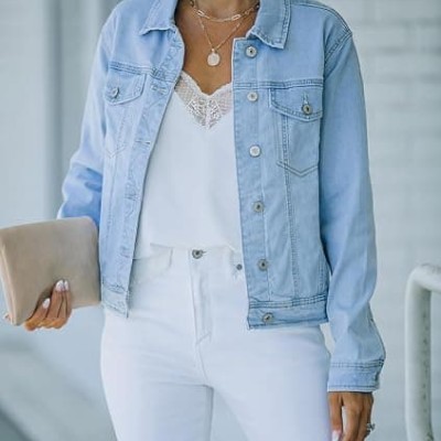 Women's Basic Button Down Stretch Fitted Long Sleeves Denim Jean Jacket