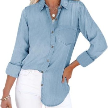 Women's Denim Button Down Shirt with Pockets Chambray Cotton Button Up Tunics Long Sleeve Solid High Low Blouse Tops