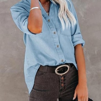 Women's Denim Button Down Shirt with Pockets Chambray Cotton Button Up Tunics Long Sleeve Solid High Low Blouse Tops