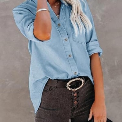 Women's Denim Button Down Shirt with Pockets Chambray Cotton Button Up Tunics Long Sleeve Solid High Low Blouse Tops