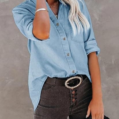Women's Denim Button Down Shirt with Pockets Chambray Cotton Button Up Tunics Long Sleeve Solid High Low Blouse Tops