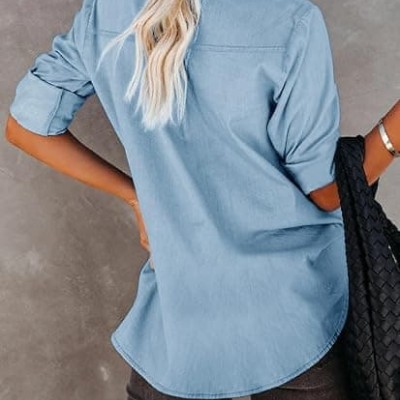 Women's Denim Button Down Shirt with Pockets Chambray Cotton Button Up Tunics Long Sleeve Solid High Low Blouse Tops