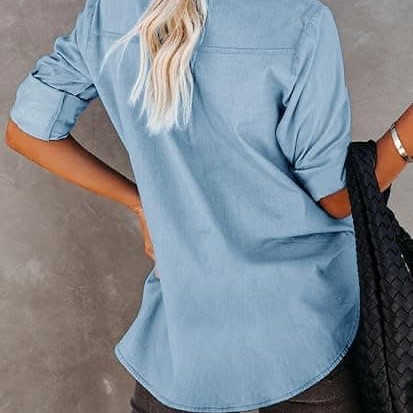 Women's Denim Button Down Shirt with Pockets Chambray Cotton Button Up Tunics Long Sleeve Solid High Low Blouse Tops