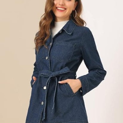 Woman's Jean Button Up Long Sleeves Washed Casual Denim Jacket