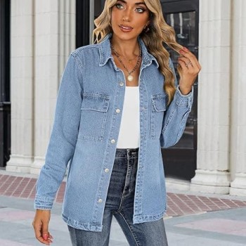 Jean Jackets for Women Fashion Oversized Button Down Denim Jacket Western Fall Shacket Jacket with Pockets