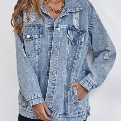 Women's long oversized denim jacket boyfriend ripped distressed jean jackets coat
