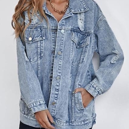 Women's long oversized denim jacket boyfriend ripped distressed jean jackets coat