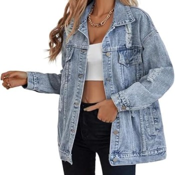 Women's long oversized denim jacket boyfriend ripped distressed jean jackets coat