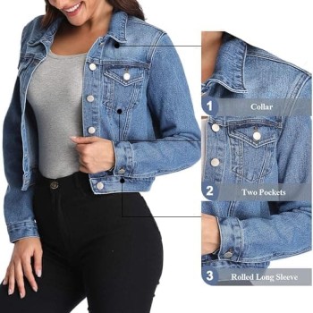 Women's Cropped Denim Jackets Casual Long Sleeve Basic Button Down Jean Jacket with Pockets
