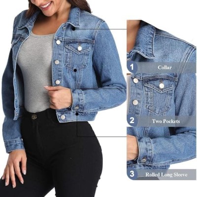 Women's Cropped Denim Jackets Casual Long Sleeve Basic Button Down Jean Jacket with Pockets