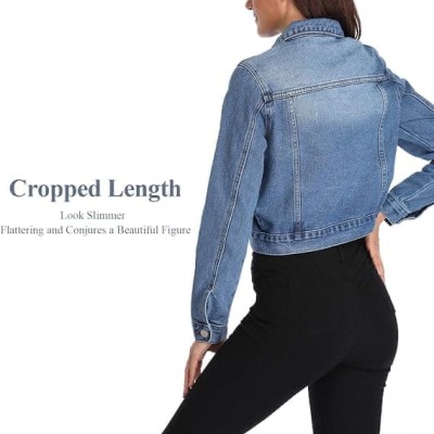 Women's Cropped Denim Jackets Casual Long Sleeve Basic Button Down Jean Jacket with Pockets