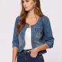 Denim Jacket for Women's Collarless  Cardigan 3/4 Sleeve Crop Jean Jackets