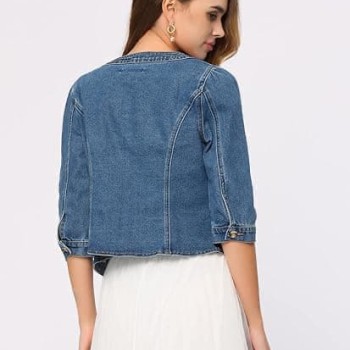 Denim Jacket for Women's Collarless  Cardigan 3/4 Sleeve Crop Jean Jackets