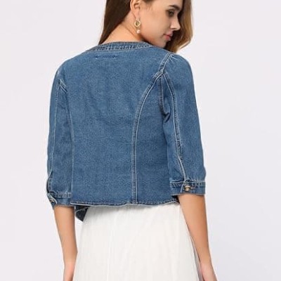 Denim Jacket for Women's Collarless  Cardigan 3/4 Sleeve Crop Jean Jackets