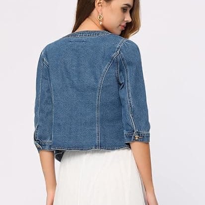 Denim Jacket for Women's Collarless  Cardigan 3/4 Sleeve Crop Jean Jackets