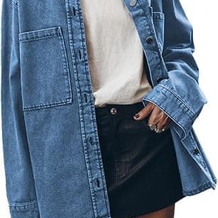Womens Oversized Jean Jacket Casual Button Up Denim Overshirt Trendy Long Sleeve Denim Jacket Coat