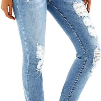 Women's Ripped Boyfriend Jeans Stretch Skinny Jean Trendy Distressed Straight Leg Jeans with Holes