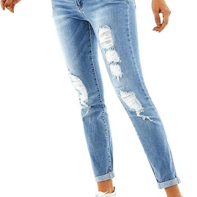 Women's Ripped Boyfriend Jeans Stretch Skinny Jean Trendy Distressed Straight Leg Jeans with Holes