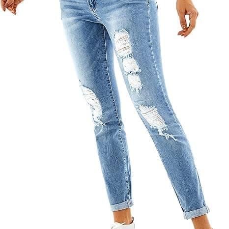 Women's Ripped Boyfriend Jeans Stretch Skinny Jean Trendy Distressed Straight Leg Jeans with Holes