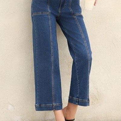 Womens High Waisted Wide Leg Jeans Cropped Straight Leg Denim Pants