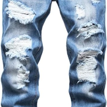 Men's Ripped Distressed Destroyed Straight Fit Washed Denim Jeans Pants