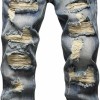 Men's Frayed Worn-In Stone-Washed Straight Leg Denim Jeans Pants