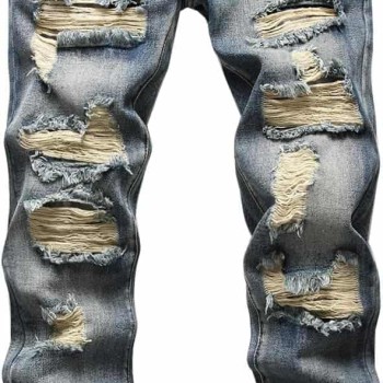 Men's Frayed Worn-In Stone-Washed Straight Leg Denim Jeans Pants
