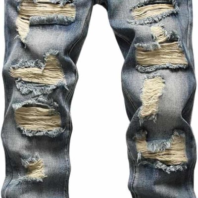 Men's Frayed Worn-In Stone-Washed Straight Leg Denim Jeans Pants