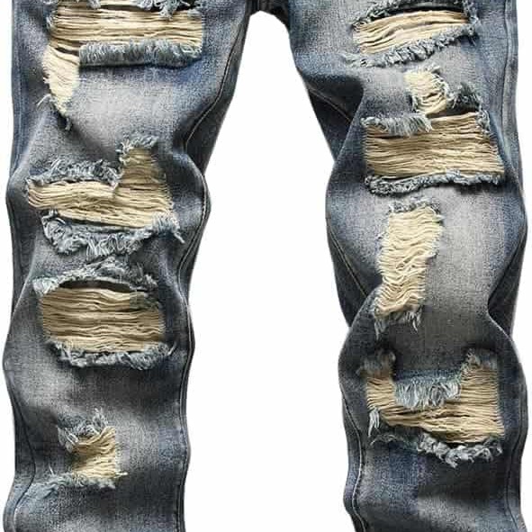 Men's Frayed Worn-In Stone-Washed Straight Leg Denim Jeans Pants