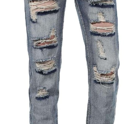 Men's Frayed Worn-In Stone-Washed Straight Leg Denim Jeans Pants