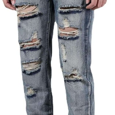 Men's Frayed Worn-In Stone-Washed Straight Leg Denim Jeans Pants