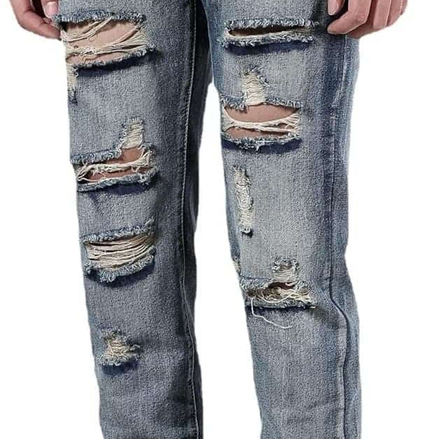 Men's Frayed Worn-In Stone-Washed Straight Leg Denim Jeans Pants