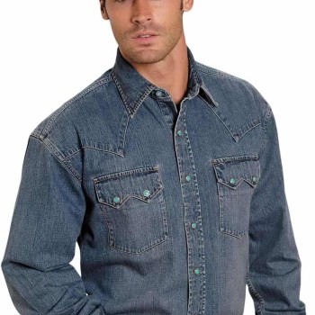 Blue Denim Men's Collared Longsleeve Snap Shirt with Turquoise Hexagon Snaps