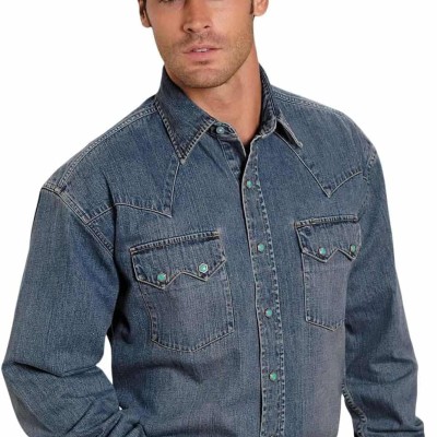 Blue Denim Men's Collared Longsleeve Snap Shirt with Turquoise Hexagon Snaps