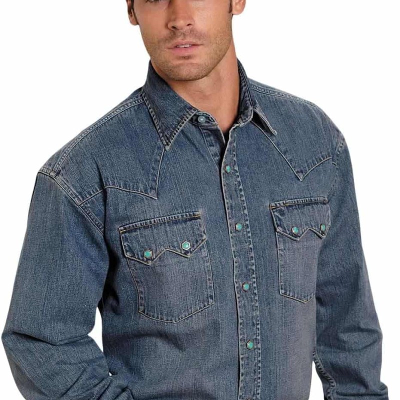 Blue Denim Men's Collared Longsleeve Snap Shirt with Turquoise Hexagon Snaps
