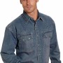 Blue Denim Men's Collared Longsleeve Snap Shirt with Turquoise Hexagon Snaps