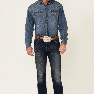 Blue Denim Men's Collared Longsleeve Snap Shirt with Turquoise Hexagon Snaps