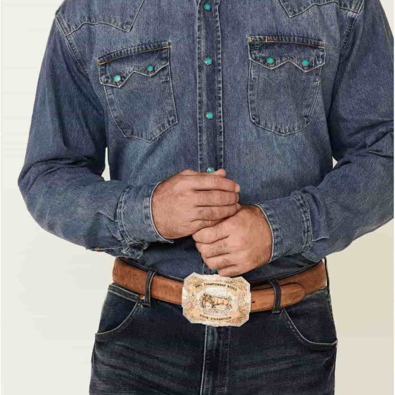 Blue Denim Men's Collared Longsleeve Snap Shirt with Turquoise Hexagon Snaps