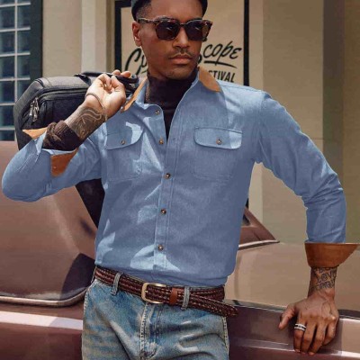 Men's Vintage Denim Shirt Long Sleeve Lapel Collar Jean Shirts Cotton Button Down Shirt