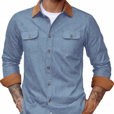 Men's Vintage Denim Shirt Long Sleeve Lapel Collar Jean Shirts Cotton Button Down Shirt