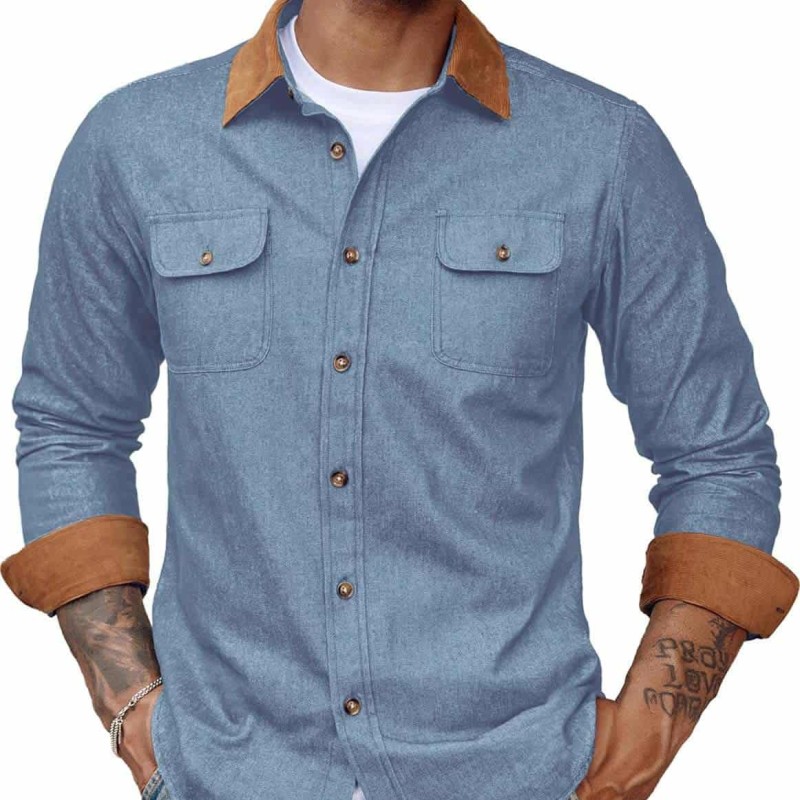 Men's Vintage Denim Shirt Long Sleeve Lapel Collar Jean Shirts Cotton Button Down Shirt