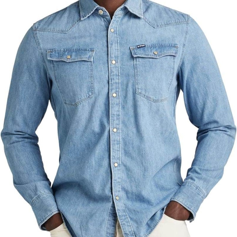 Men's Western Denim Long Sleeve Slim Fit Shirt
