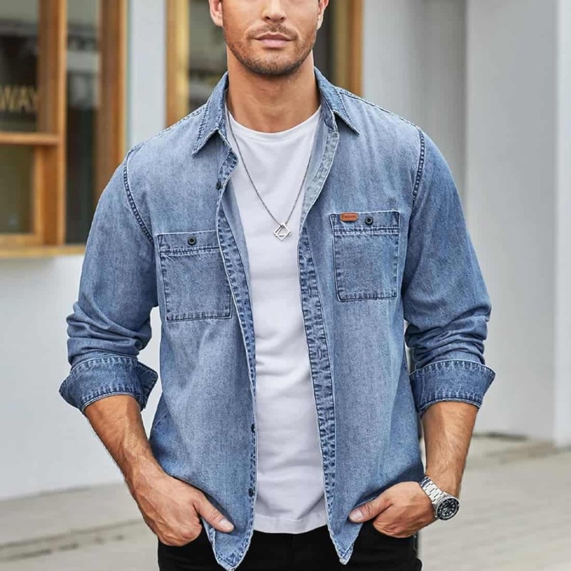 Men's Denim Shirt Long Sleeve Button Up Shirt Cotton Regular Fit Casual Jeans Work Shirts